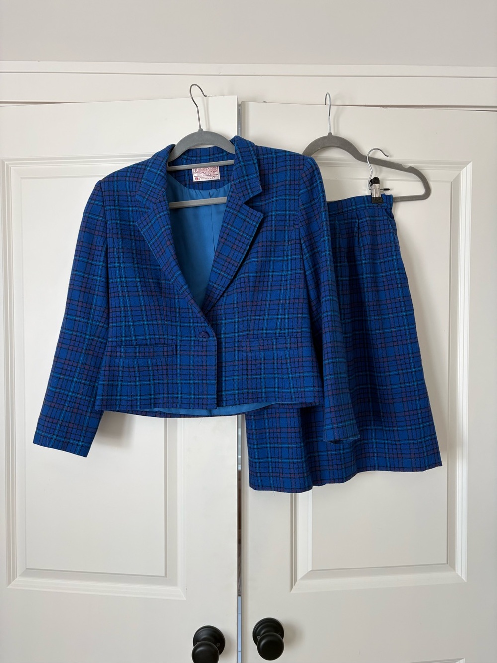 Vintage Pendleton Wool Blue Plaid Women's Two-Piece Blazer and Skirt Set